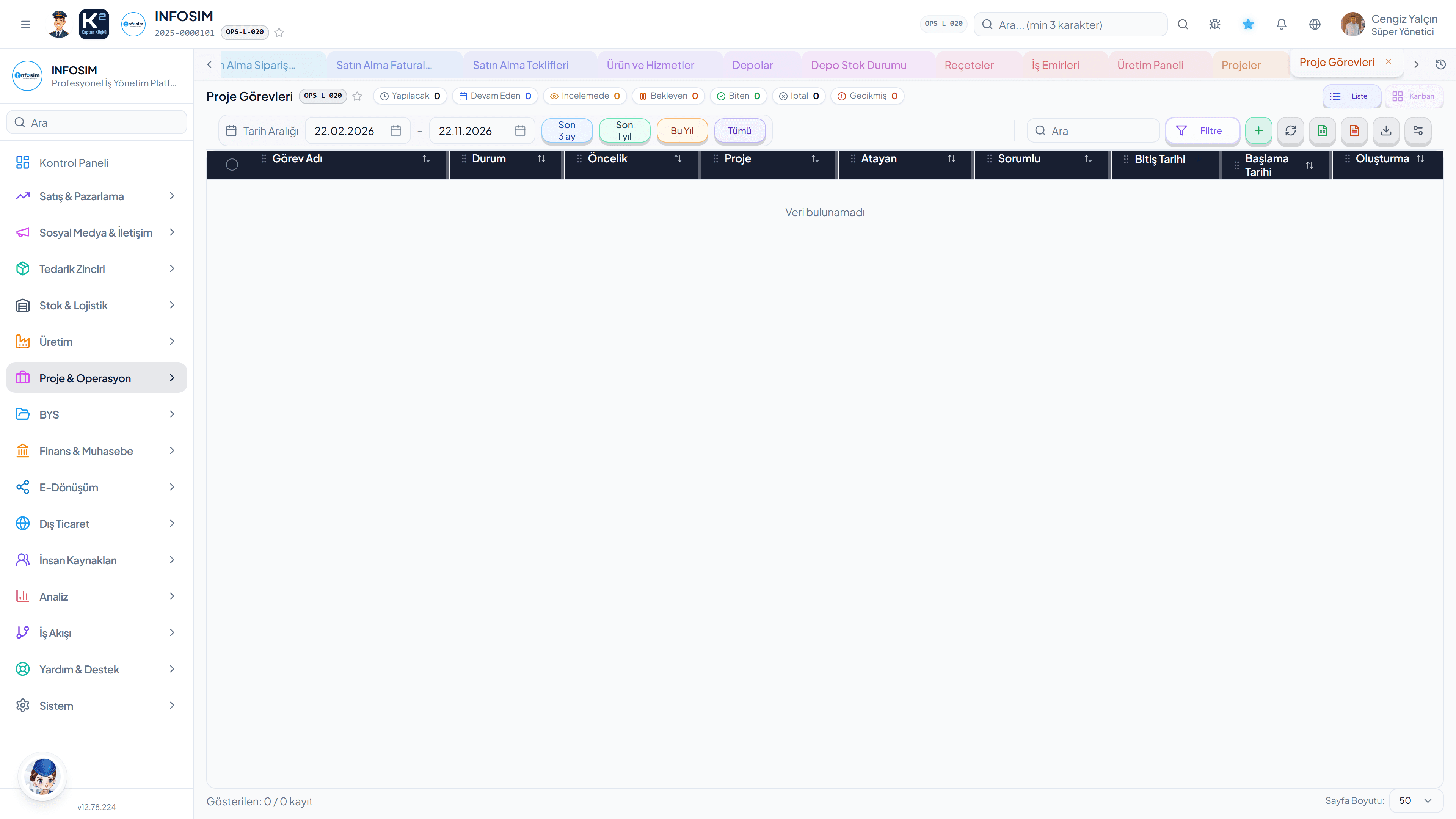 Proje görevleri — Kanban panosu, atama ve termin.